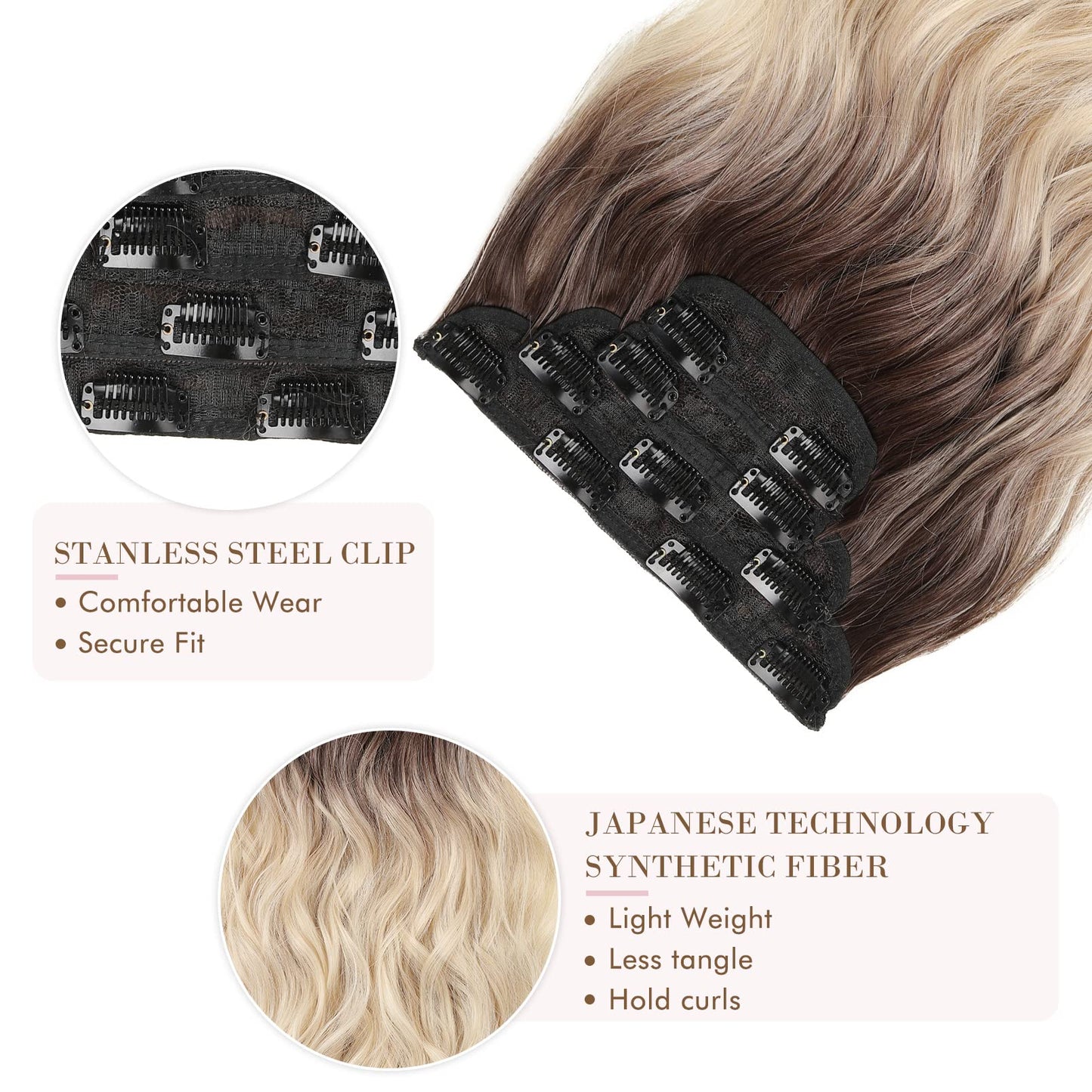 REECHO Hair Extensions, 4PCS Clip in Hair Extensions HE001 Natural Soft Synthetic Hairpieces for Women (20 Inch-200 Gram (Pack of 4), Ombre Ash Brown to Blonde)