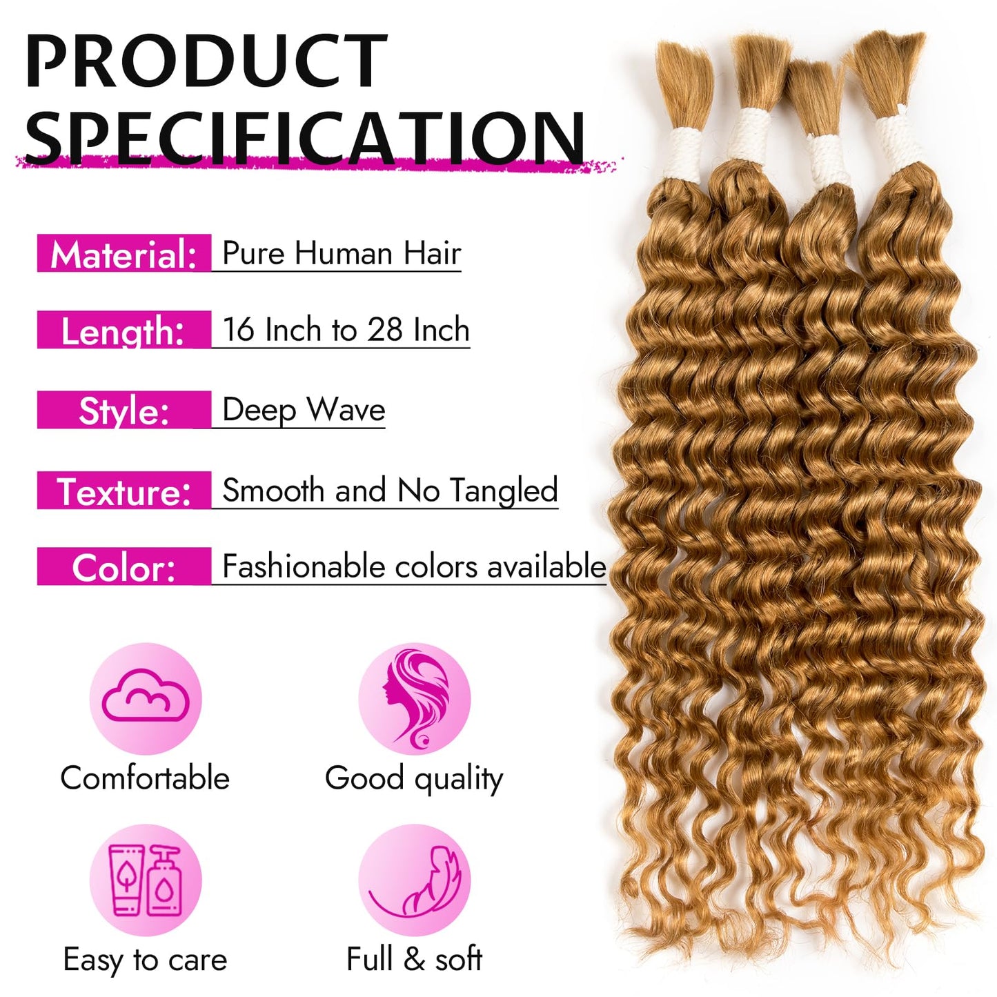 28 Inch Human Braiding Hair Deep Water Wave 4 Bundles/Pack 100g, Bulk Human Hair Braiding Hair for Boho Braids Honey Blonde, Curly Wet and Wavy Braiding Boho Human Hair for Braiding No Weft