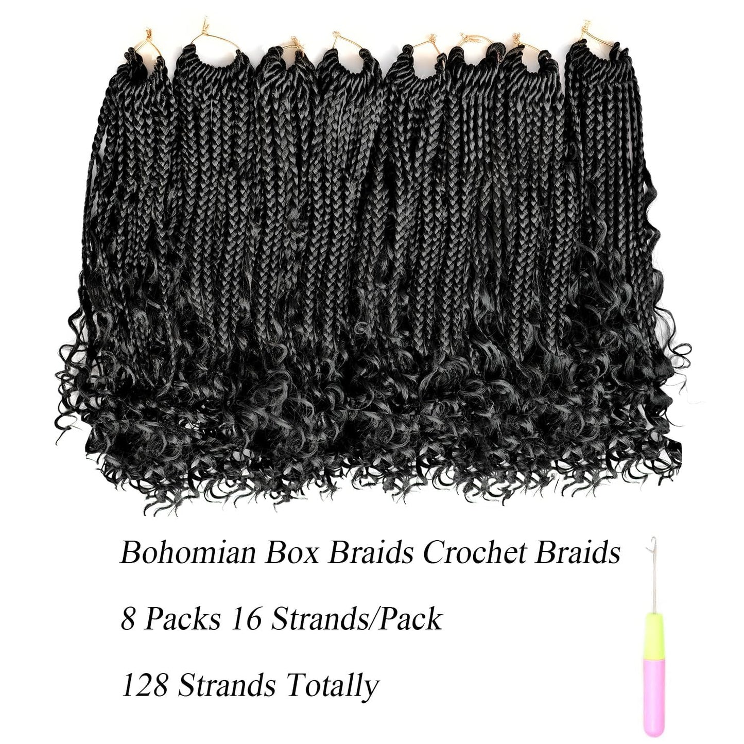Goddess Box Braids Crochet Hair With Curly Ends 8 Packs-14 Inch Crochet Hair for Black Women Bohomian Crochet Box Braids (Black, 14inch)