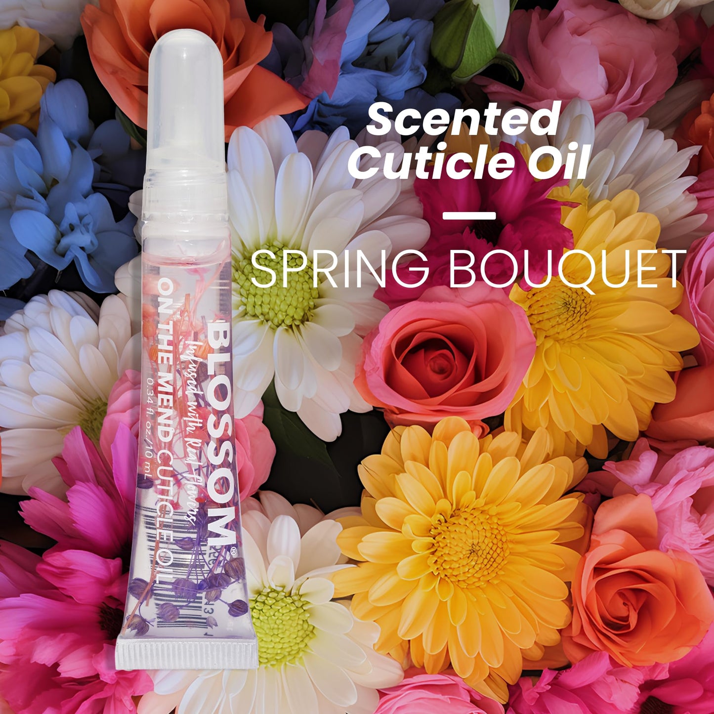 Blossom Cuticle Oil, On the Mend Scented Portable Cuticle Pen Tube for Travel with Brush Tip and Nourishing Jojoba Seed Oil, Infused with Real Flowers, 0.34oz, Spring Bouquet