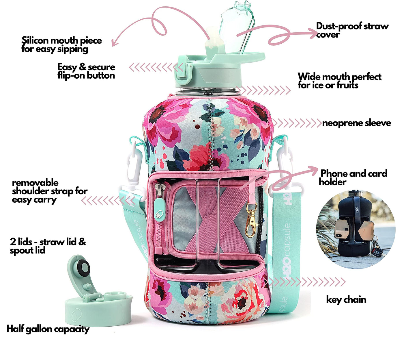 H2O Capsule 2.2L Half Gallon Water Bottle with Storage Sleeve and Covered Straw Lid – BPA Free Large Reusable Drink Container with Handle - Big Sports Jug, 2.2 Liter (74 Ounce) Floral Bloom