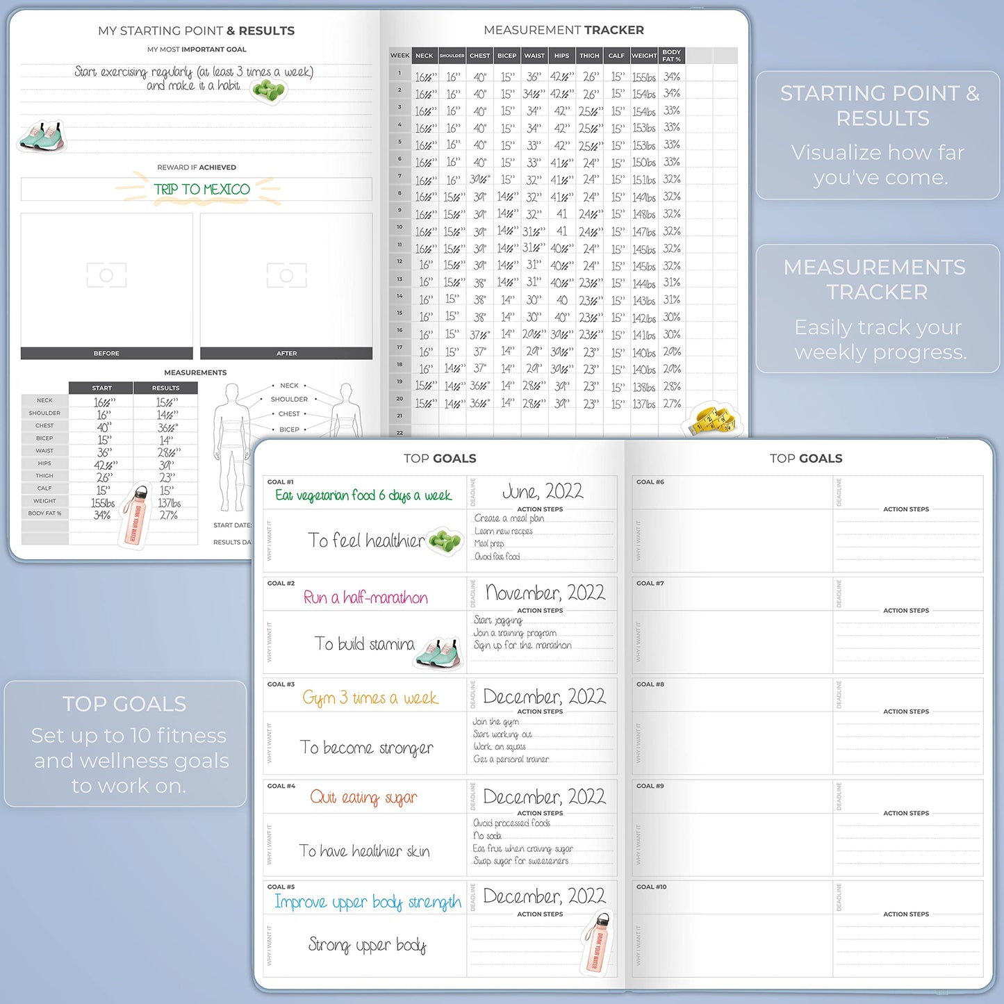 Clever Fox Fitness Journal PRO – Daily Workout Planner with Meal Planner & Habit Tracker – Gym Exercise Log Book for Women & Men – Fitness Planner Notebook – Lasts 6 Months, 7x10” - Light Blue