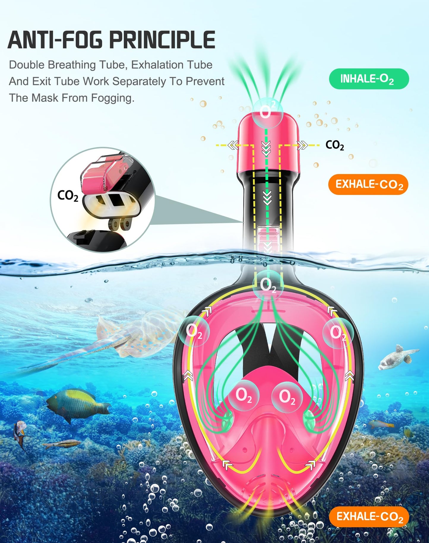 Greatever Full Face Snorkel Mask, Snorkeling Gear for Adults with Latest Dry Top Breathing System and Detachable Camera Mount, Snorkel Mask Adult, Snorkels Anti-Fog & Anti-Leak(Plum Pink, L/XL)
