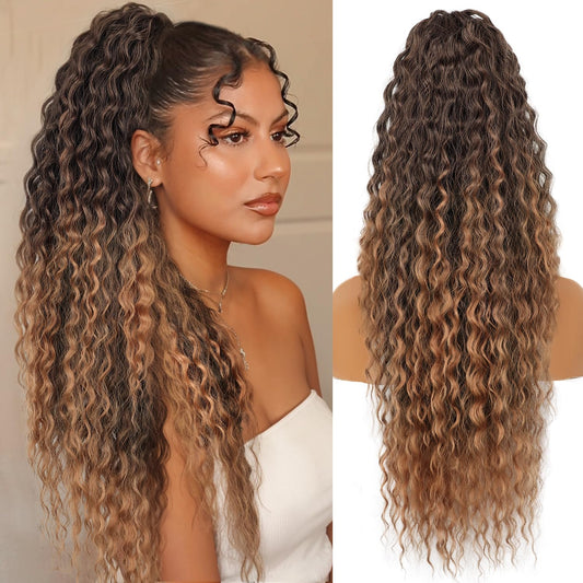 Isaic 26Inch Drawstring Ponytail Extensions for Women, Synthetic Long Curly Wavy Ponytail Gorgeous Pony Tails Hair Extensions for Daily Use(Ombre Medium Brown to Blonde)