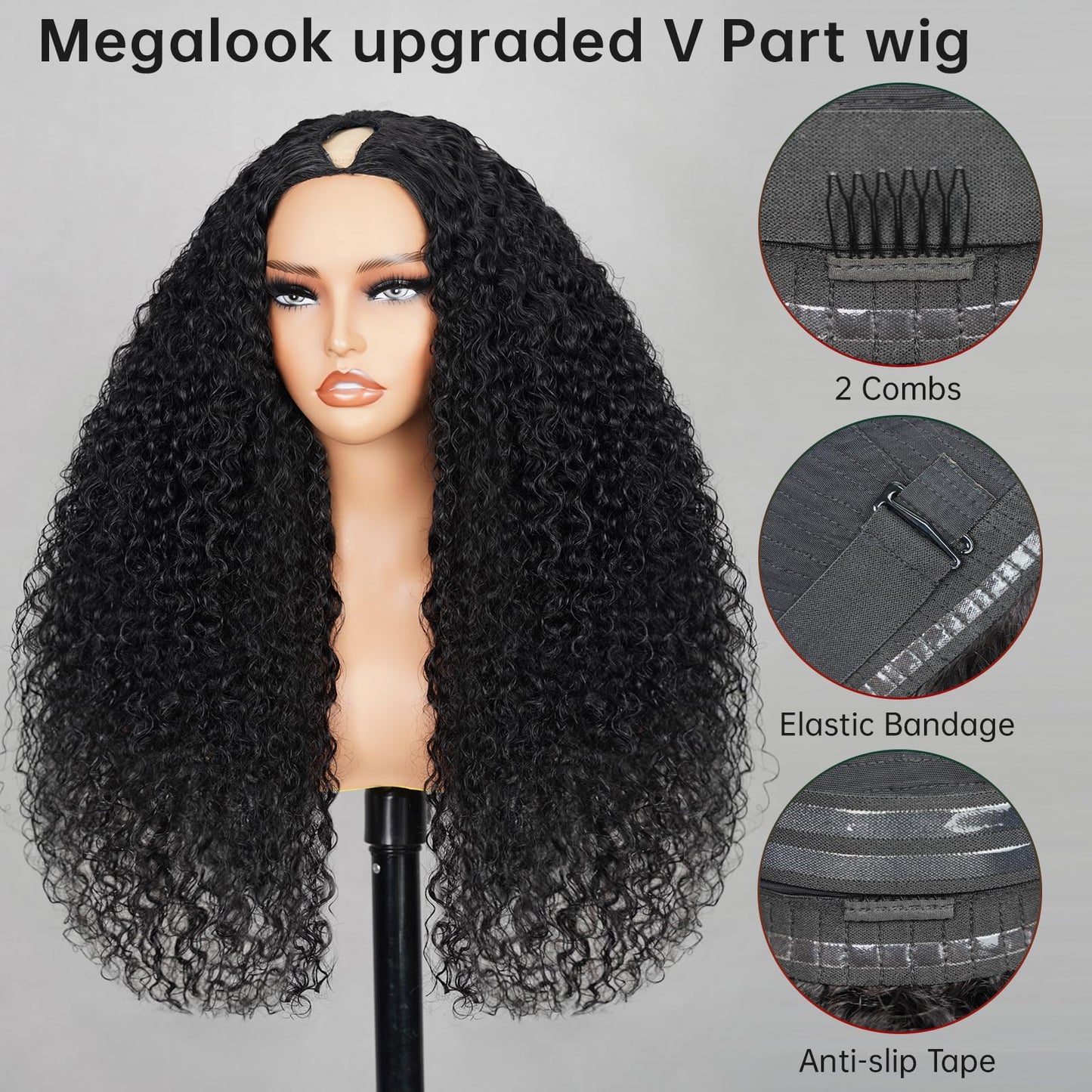 MEGALOOK V Part Wig Human Hair 12A Deep Curly Wig Human Hair 200% Density Half Wigs for Women Glueless U Part Wig with Clip Beginner Friendly No Sew In No Glue 18 Inch