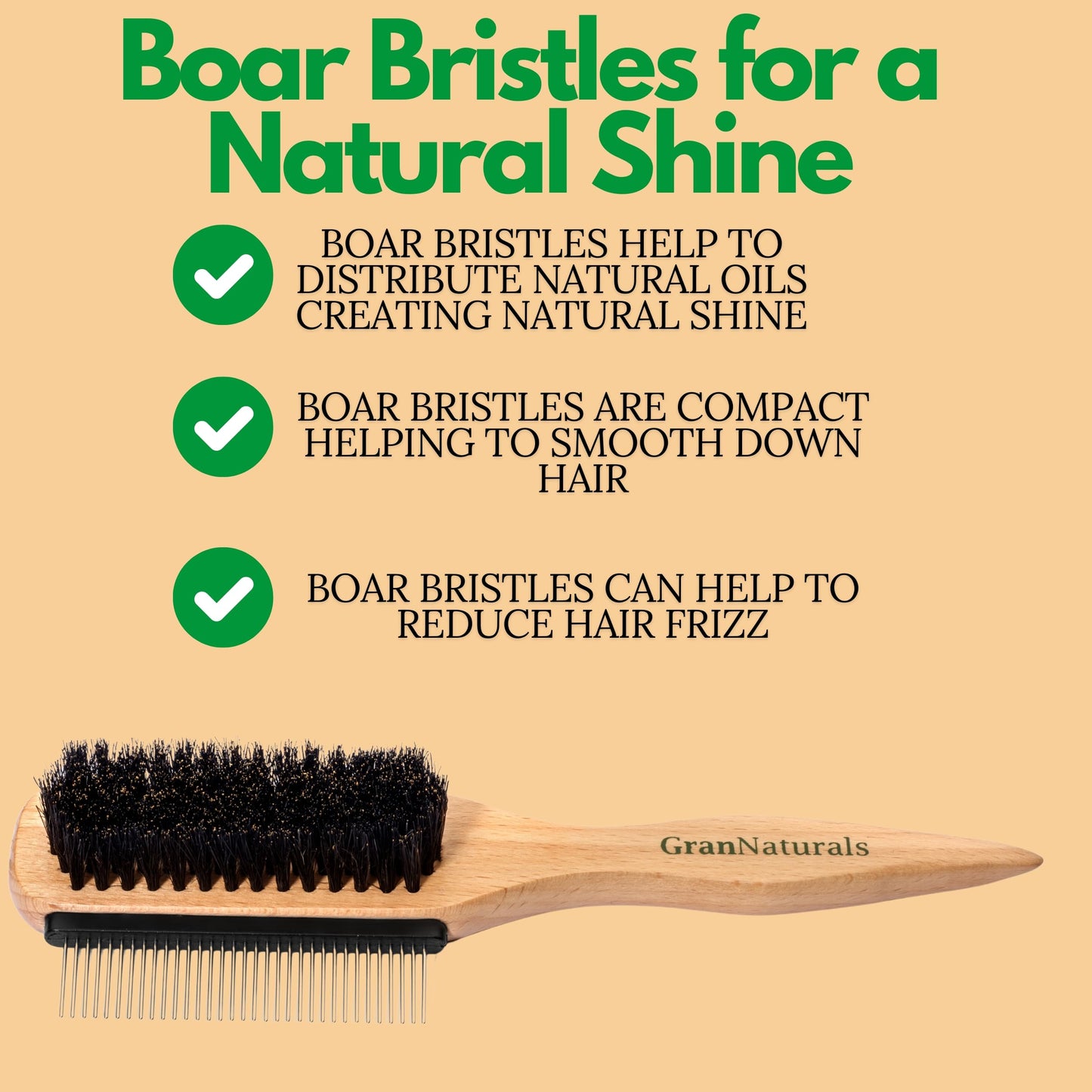 GranNaturals Boar Bristle Slick Back Hair Brush w/Comb for Smoothing Sleek Ponytail Bun - Wide Rat Tail & Metal Comb Hairbrush for Parting, Teasing, Backcombing, Sectioning, Edge Control, Flyaways