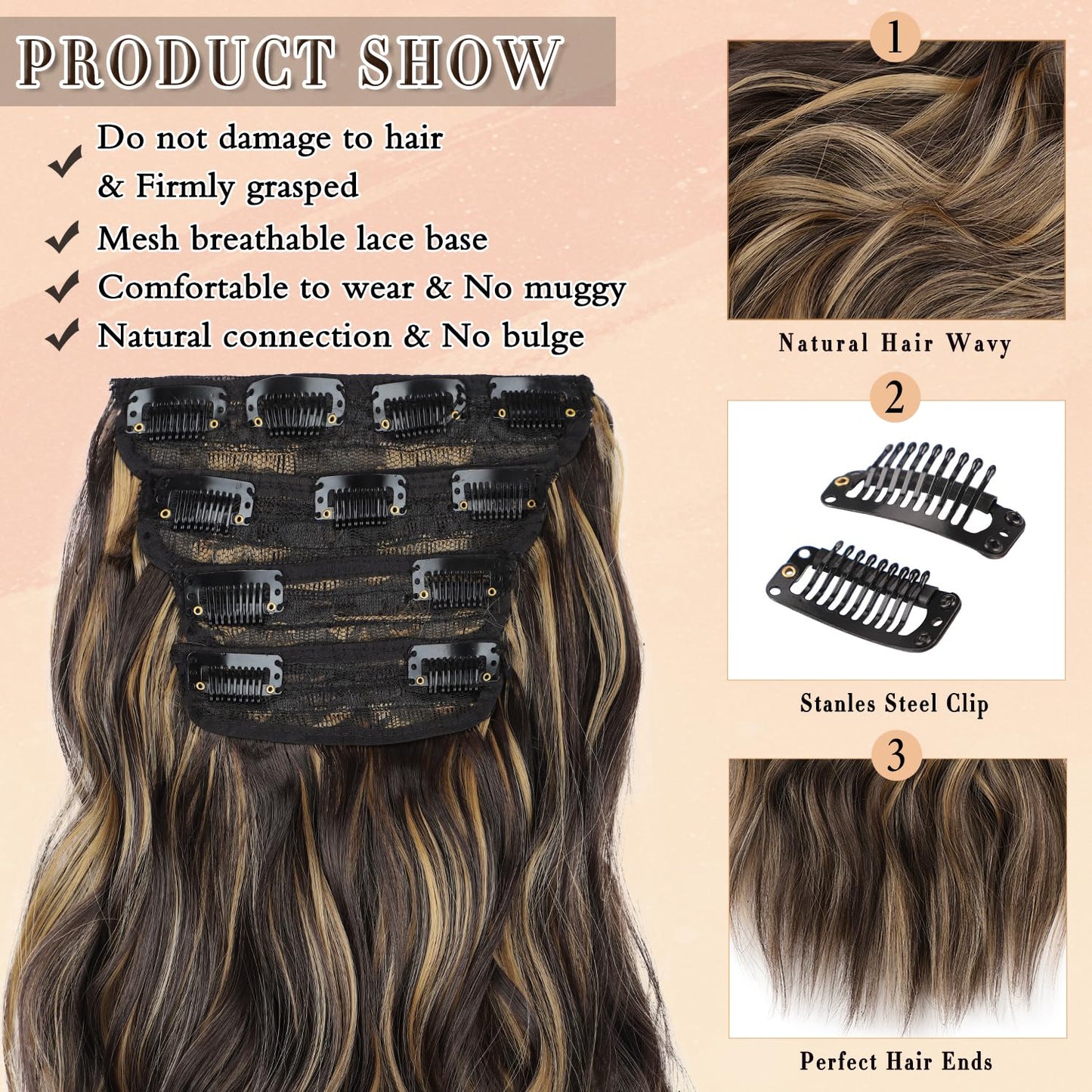 FREEMEIGE Clip in Long Wavy Synthetic Hair Extension 20 Inch Balayage Dark Brown to Chestnut 4PCS Thick Hairpieces Fiber Double Weft Hair for Women