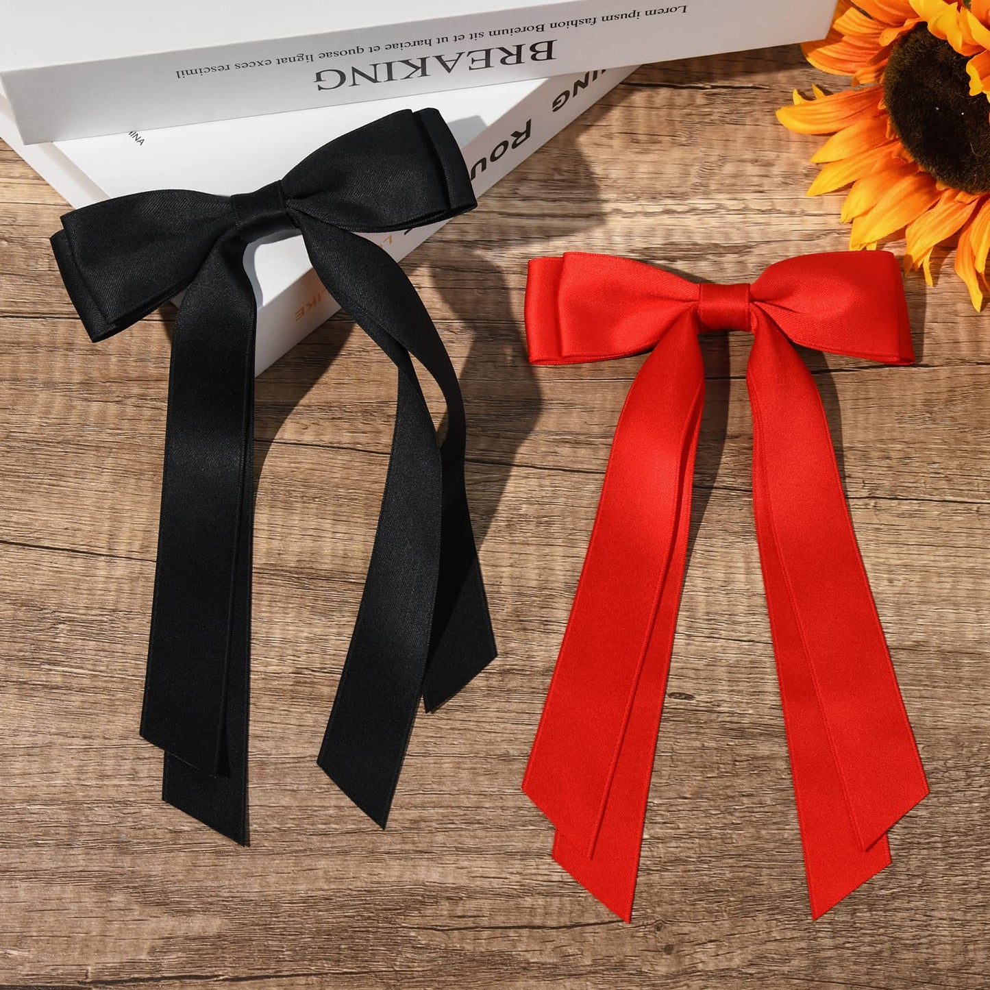 2PCS Silky Satin Hair Bows Hair Clip Black Red Hair Ribbon Ponytail Holder Accessories Slides Metal Clips Hair Bow for Women Girls Toddlers Teens Kids