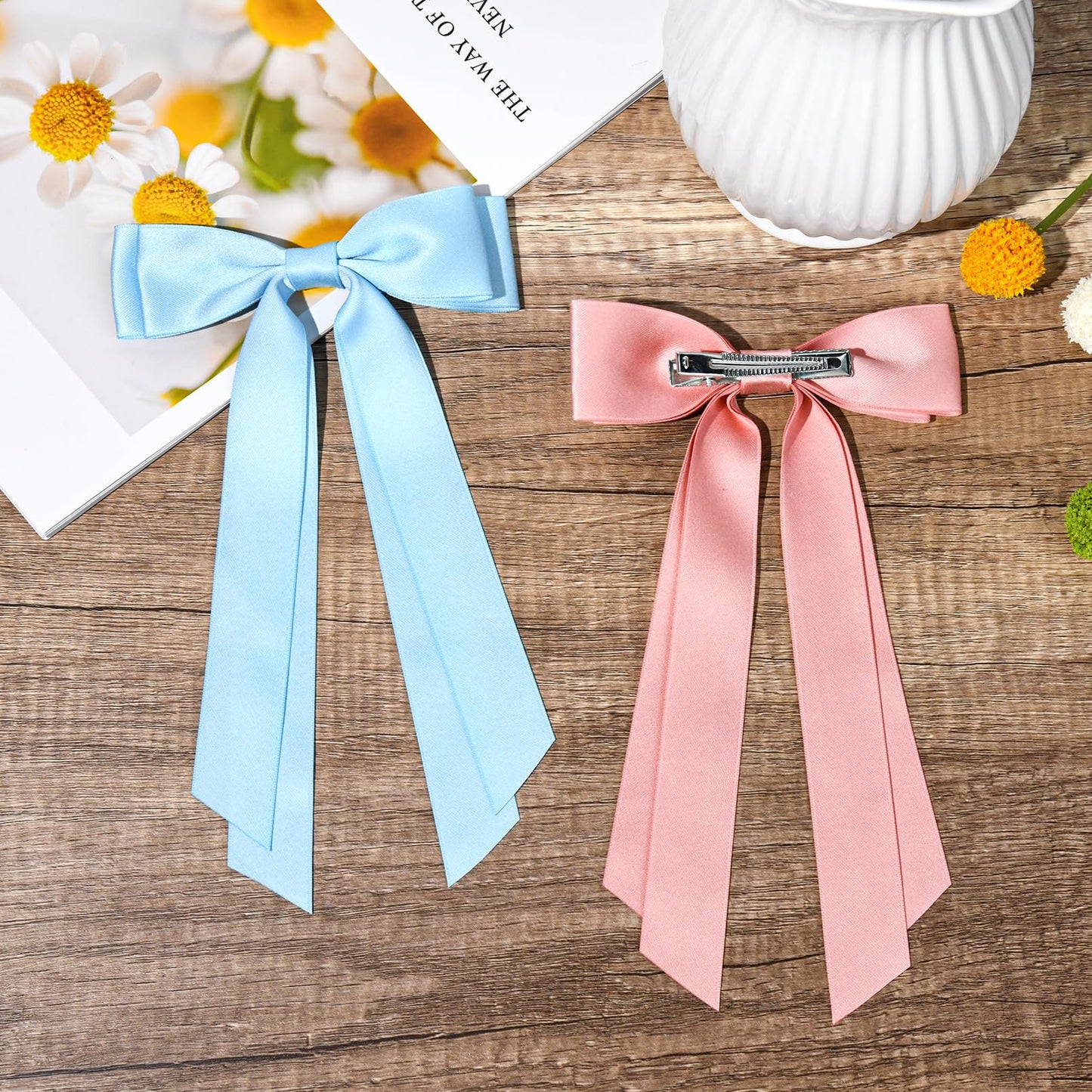 2PCS Silky Satin Hair Bows Hair Clip Pink Blue Hair Ribbon Ponytail Holder Accessories Slides Metal Clips Hair Bow for Women Girls Toddlers Teens Kids