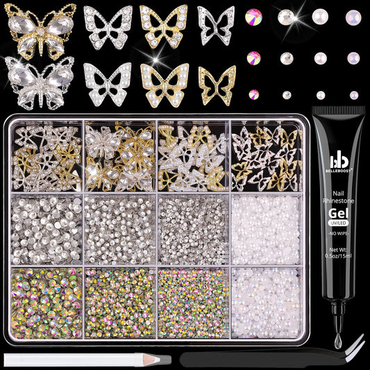 60Pcs 4 Styles 3D Butterfly Nail Charms and Flatback Gems Pearl with Rhinestones Glue Gel, Silver + Gold Shiny Luxury Gems, Crystal Jewels Studs for Nail Design, Nail Art Decor Set for Acrylic Nail