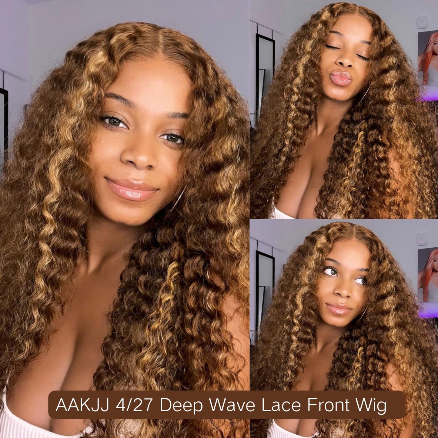AAKJJ 4/27 Deep Wave Human Hair Wig, Highlight Ombre Color, 13x4 HD Transparent Lace Front Wig, 200 Density, Pre-Plucked Hairline with Baby Hair, Glueless, for Women 30 Inch