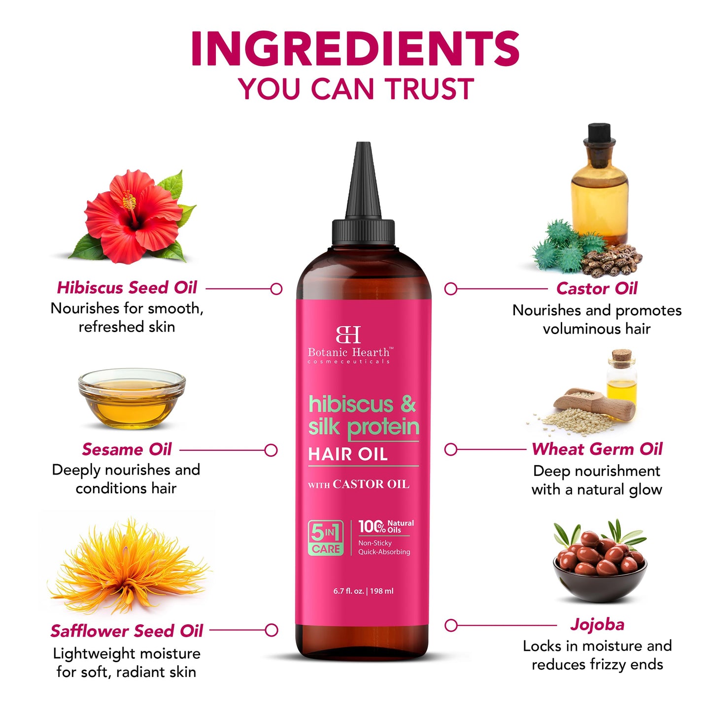 Botanic Hearth Hibiscus & Silk Protein Hair Oil (6.7 fl oz) | Hydrating and Strengthening Hair Treatment for Smooth, Shiny, and Healthy-Looking Hair | Paraben Free | Suitable for All Hair Types