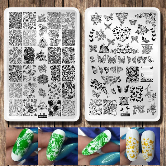 2Pcs Butterfly Rose Steel Nail Stamping Plates Flower Leaf Image Geometric Polish Stencil Accessories Tool 14.5×9.5cm Big Size Nail Art Template
