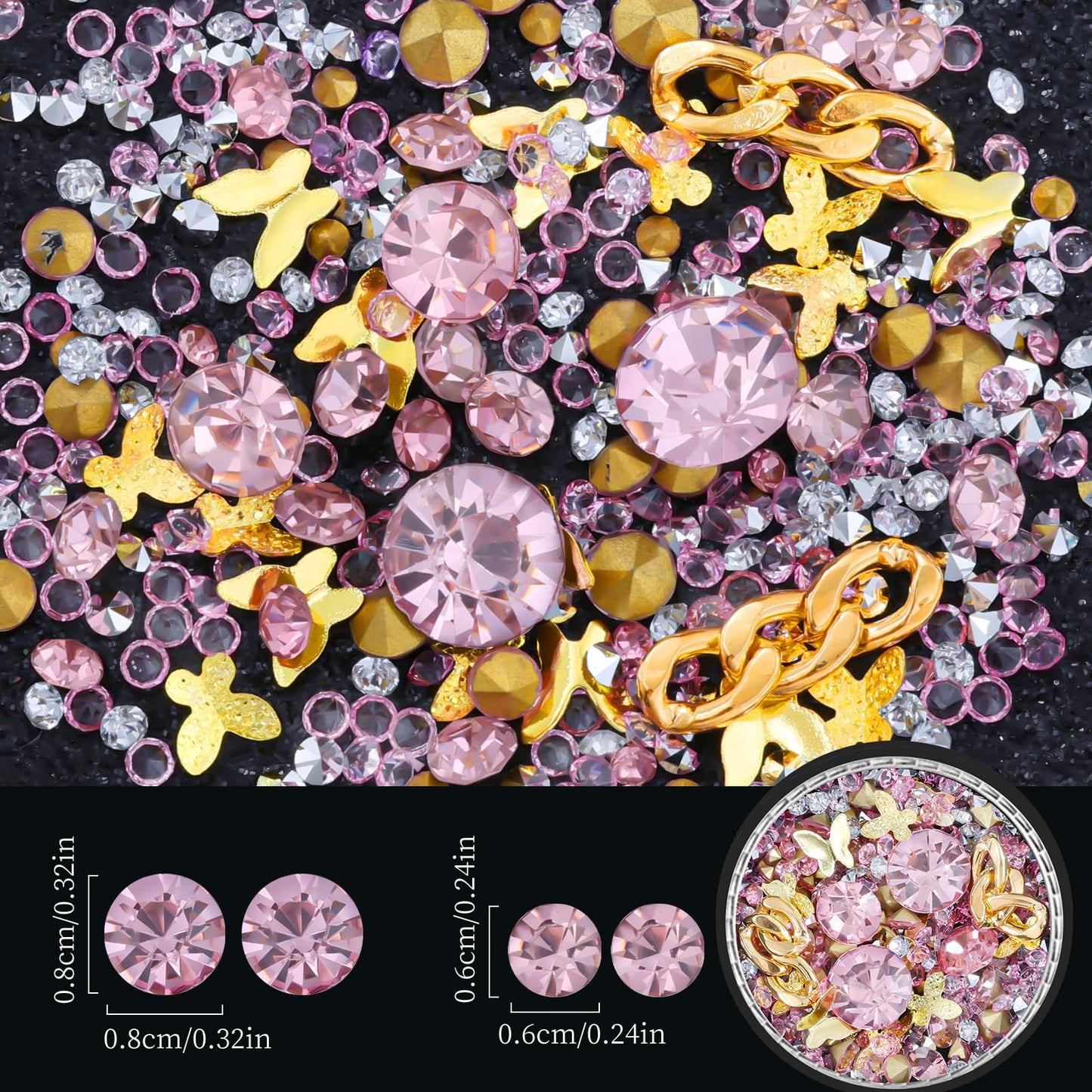 6 Wheels Mixed Sparkle Nail Art Rhinestones Diamonds Crystals Butterfly Beads Artificial Pearls Gold Silver Nail Studs Gems Metal Hollow Rivets Charms (Pink)