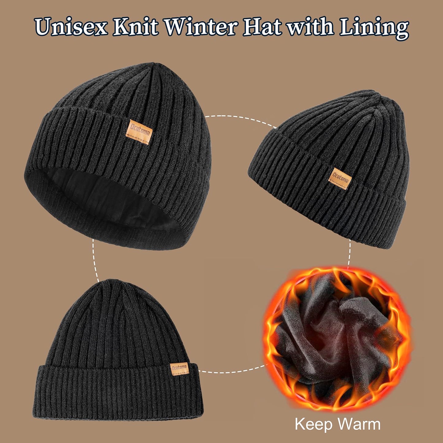 Ocatoma Beanie for Men Women Winter Knitted Cuffed Hat with Warm Lining Soft Ski Hat Unisex Gifts for Men Women Black
