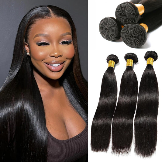 12A Virgin Human Hair Bundles 20 22 24 Inch Straight 100% Brazilian Bundles Human Hair Natural Black 3 Bundles Deals (20 22 24)