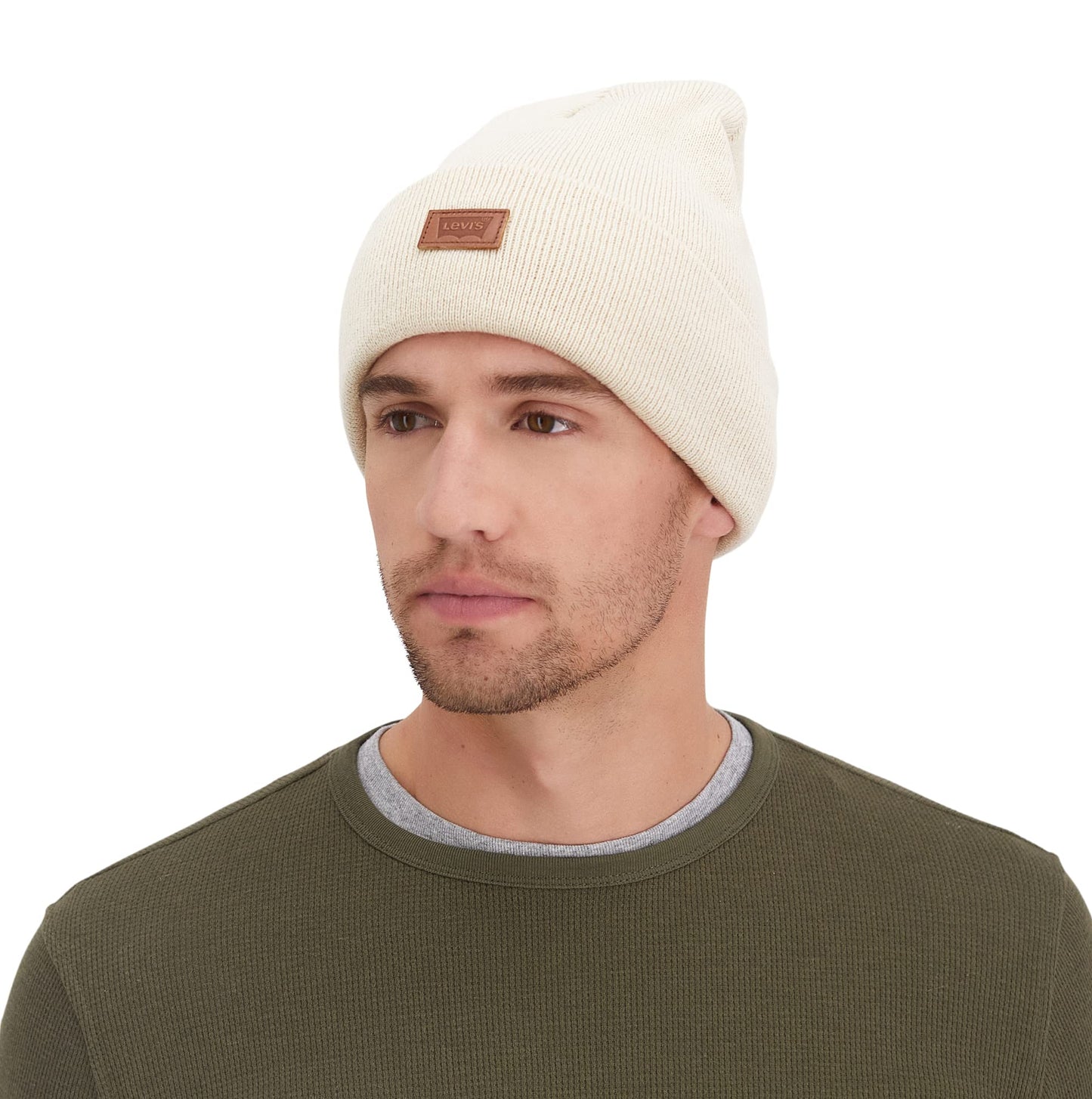 Levi's Unisex Adult All Season Comfy Leather Logo Patch Cuffed Hero Beanie Hat, Cream Solid