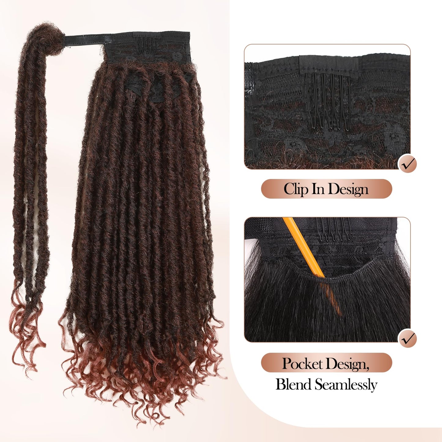 WIGER Ombre Ginger Medium Length Coily Curly Ponytails Clip In Dreadlock Ponytail Extensions Faux Locs Twisted Hairpiece for Black Women Goddess Locs Wrap Around Synthetic Fake Pony Hair
