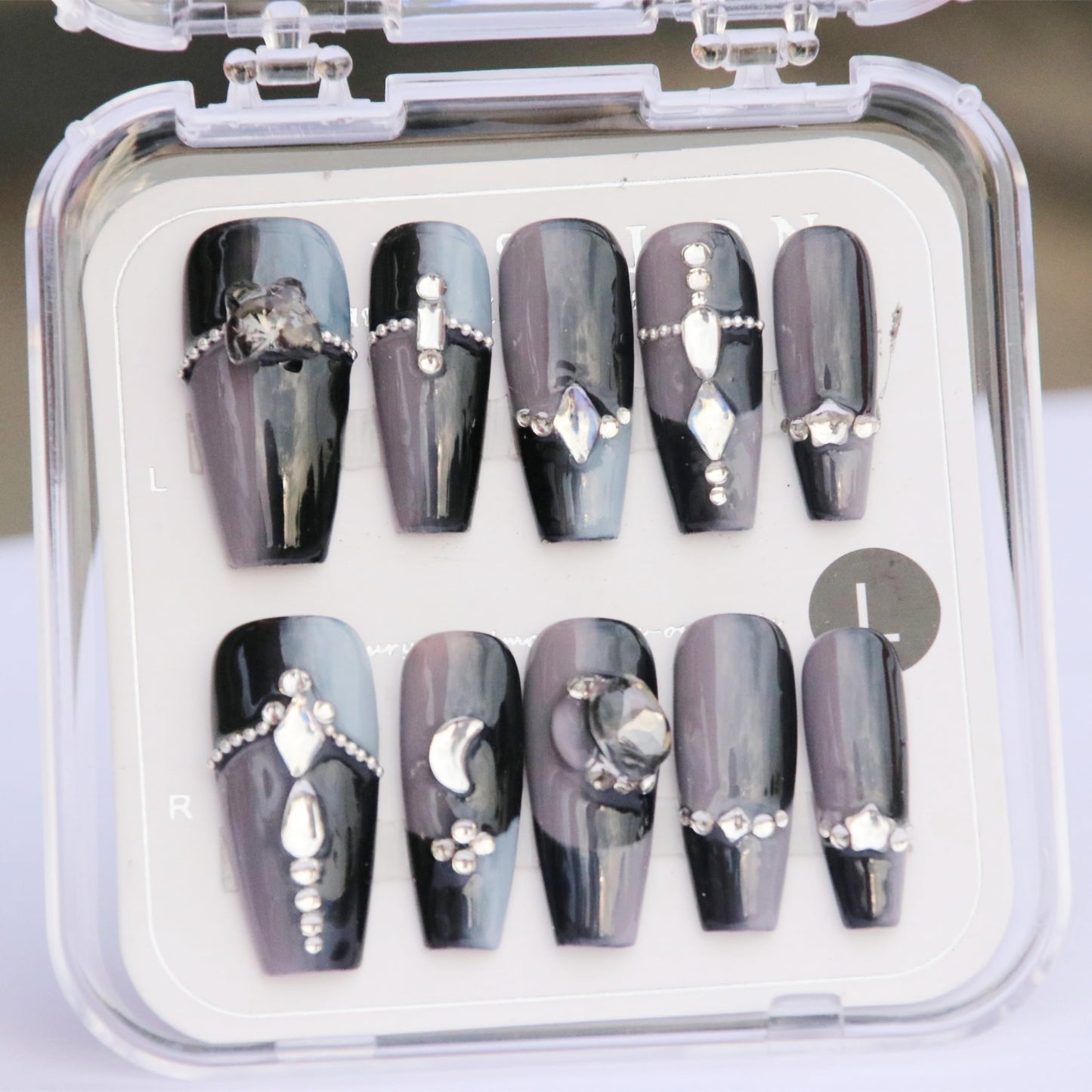 CAMILCY Handmade Nails Press on Coffin Armor Gradient Black Crystal Design Hand Painted Reusable Gel UV Finished Pre Shaped False Nails for Women 10Pcs 3D Handmade Nails (A011 L)