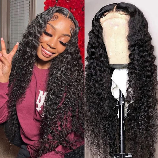 4GIRL4EVER Deep Wave HD Transparent Lace Front Wigs Human Hair Pre Plucked 180% Density 4X4 Glueless Lace Closure Human Hair Wigs for Black Women with Baby Hair Natural Color (24 Inch)