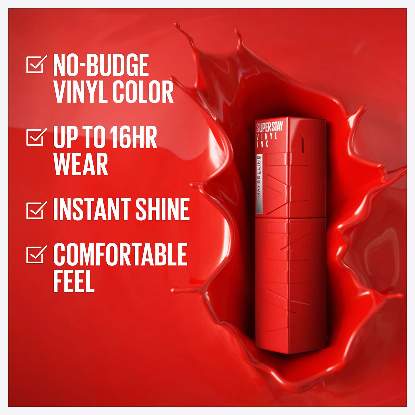 Maybelline Super Stay Vinyl Ink Longwear No-Budge Liquid Lipcolor Makeup, Highly Pigmented Color and Instant Shine, Wicked, Cool Red Lipstick, 0.14 fl oz, 1 Count