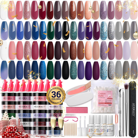 170Pcs Dip Powder Nail Kit, AZUREBEAUTY 36 Colors Brown Purple Christmas New Year Winter Dip Nail Powder Starter Set with Essential Liquid and Removal Accessories Set for French Nail Manicure Salon