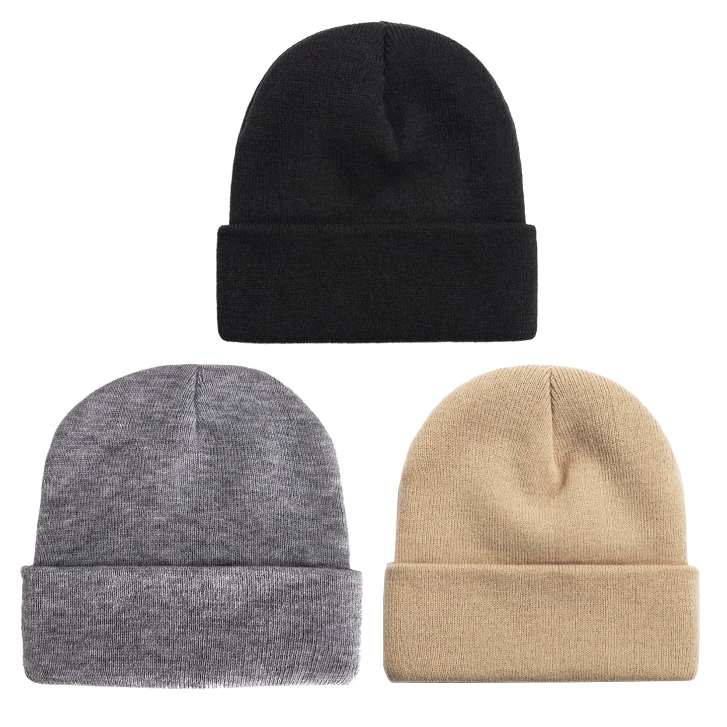 NPQQUAN 3 Packs Unisex Beanie Hats for Men Women Winter Knit Beanies Black+Gray+Khaki