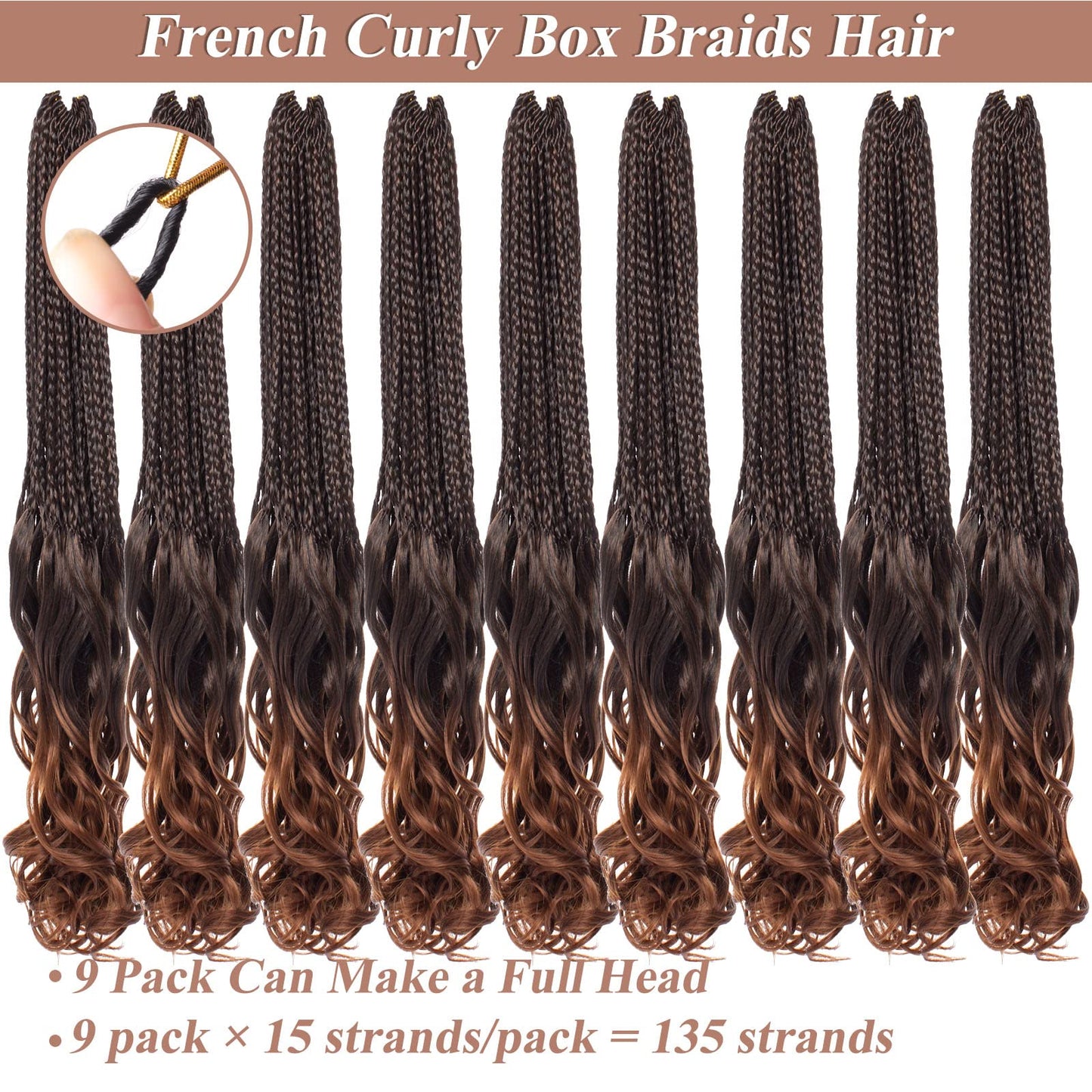 RuiYok 9 Packs French Curl Crochet Braids 10 Inch Ombre Brown Goddess Box Braids Crochet Hair with Curly Ends Synthetic Pre Looped Crochet Box Braids for Women