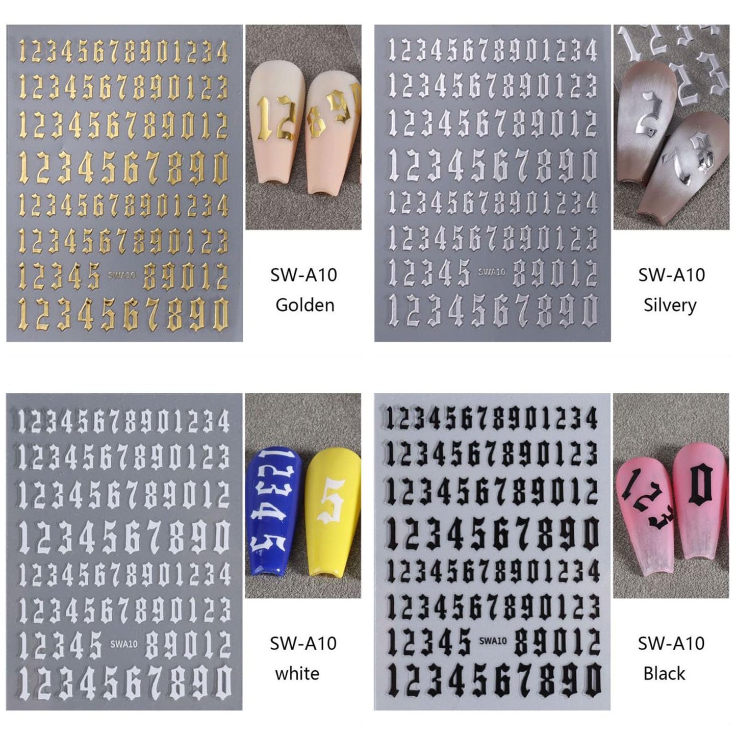 8 Sheets Letters Nail Stickers Decals Alphabet Numbers Nail Decals for Nail Art 3D Self-Adhesive Metallic Black Silver Gold Nail Art Stickers Supplies for Women Girls Nail Decoration Manicure
