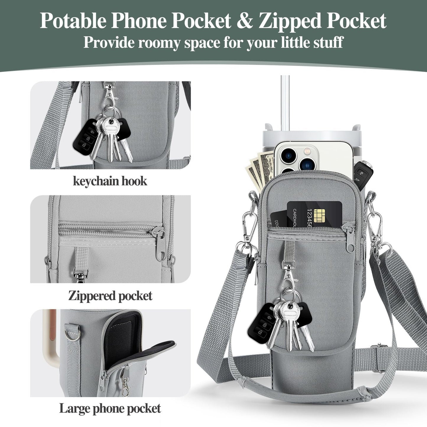 linmaya Water Bottle Carrier Bag with Phone Pocket for Stanley Cup 40/30oz,Insulated Neoprene Water Bottle Holder Cross-boday Bag with Adjustable Shoulder & Handheld Strap Stanley Cup Accessories