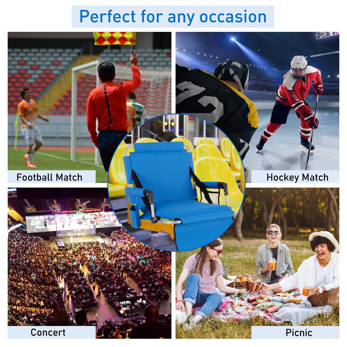 GREEN PARTY Stadium Seats for Bleachers 2 Pack Portable Outdoor Floor Folding Stadium Chair with Armrest, Back Support, Cup Holder, Mesh Bag and Hide Hooks, Blue