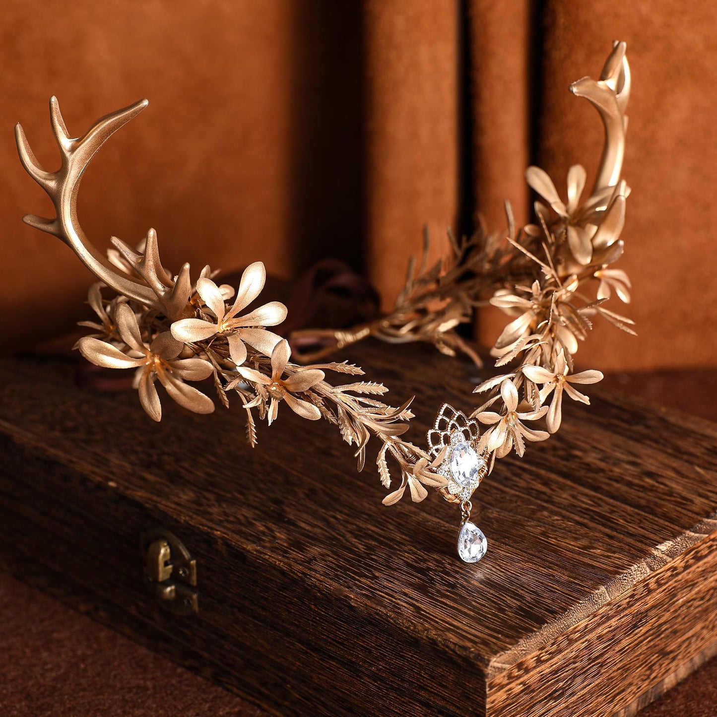 MOSTORY Gold Fairy Antler Crown - Woodland Flower Deer Horns Headpiece Elf Forest Ciecle for Women Renaissance Cosplay Renfaire Outfit Hallween Costume