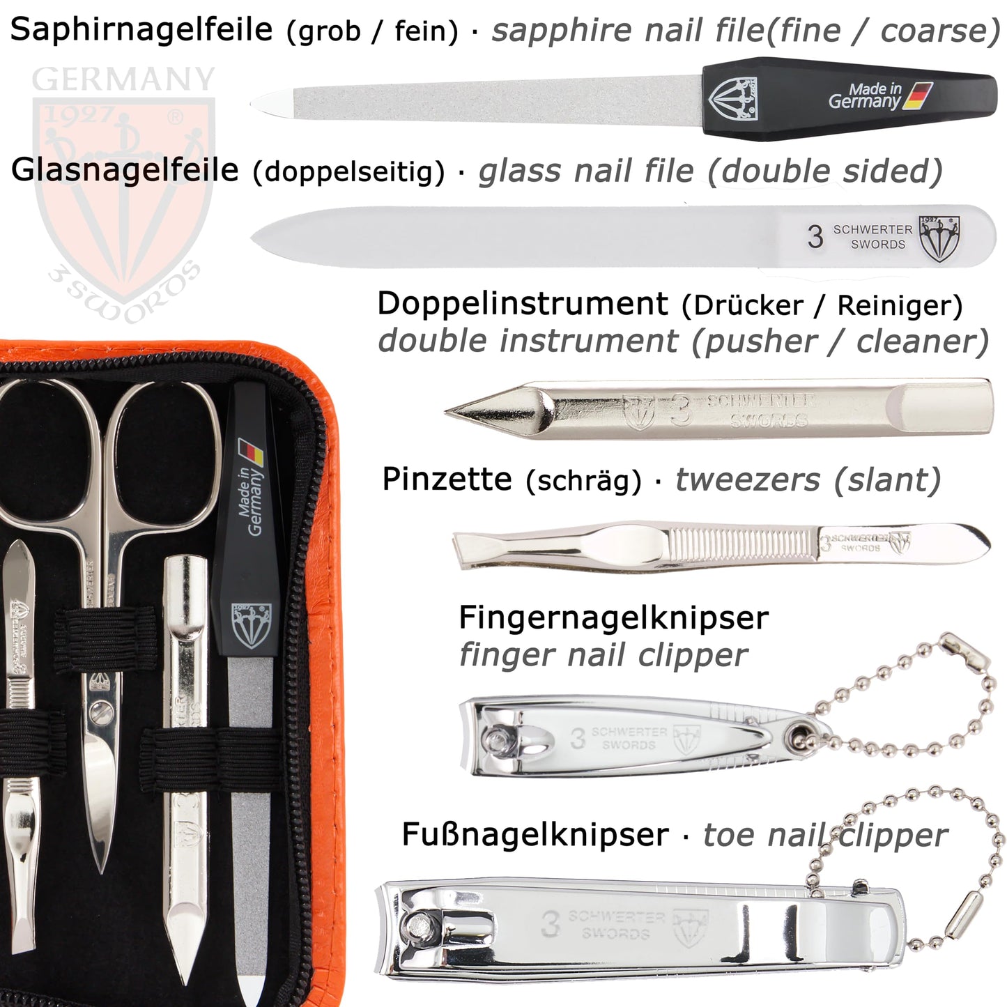 3 Swords Germany - brand quality 8 piece manicure pedicure grooming kit set synthetic leather case orange - Made in Germany