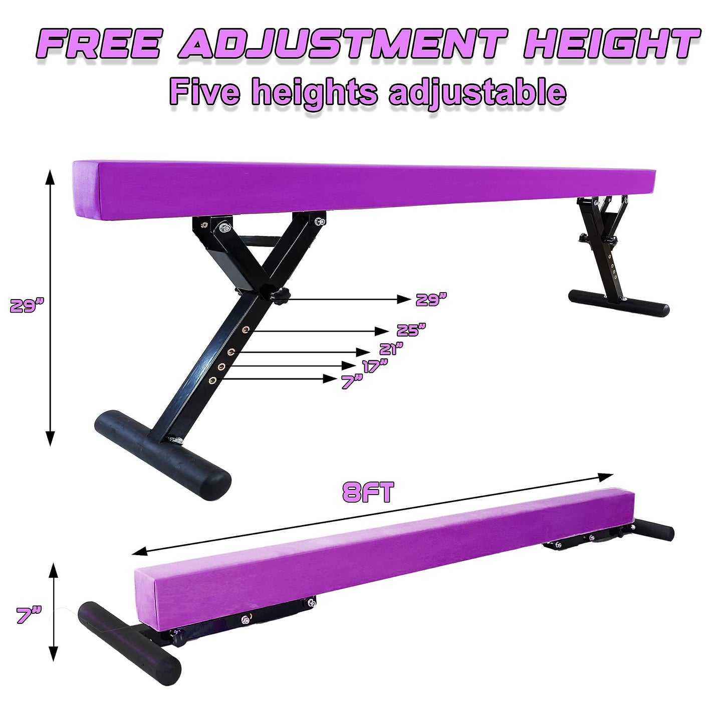 Seliyoo Adjustable Balance Beam Gymnastics Beam high and Low Floor Beam for Kids Home Training,Competition Gymnastic Equipment for All Skills with Weight Limit 500 LBS (Hot Purple, 7"-29")