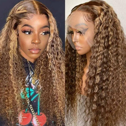 26inch Ombre Highlight Lace Front Wigs Human Hair Water Wave 13x4 Transparent Curly Lace Frontal Wigs Pre Plucked with Baby Hair Wet and Wavy Curly Wigs for Women 150% Density 4/27 Honey Blonde Color