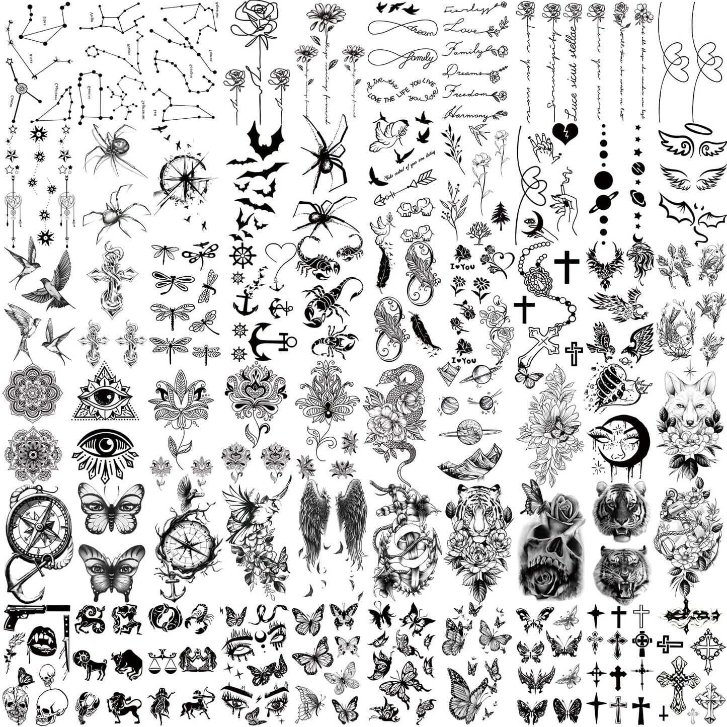 77 Sheets Temporary Tattoo, Half Arm Realistic Lion Wolf Owl Elk Snake Butterfly Rose Fake Tattoos for Girls Boys, Waterproof Temporary Tattoos for Women Men Adults Chest Shoulder Neck Hand