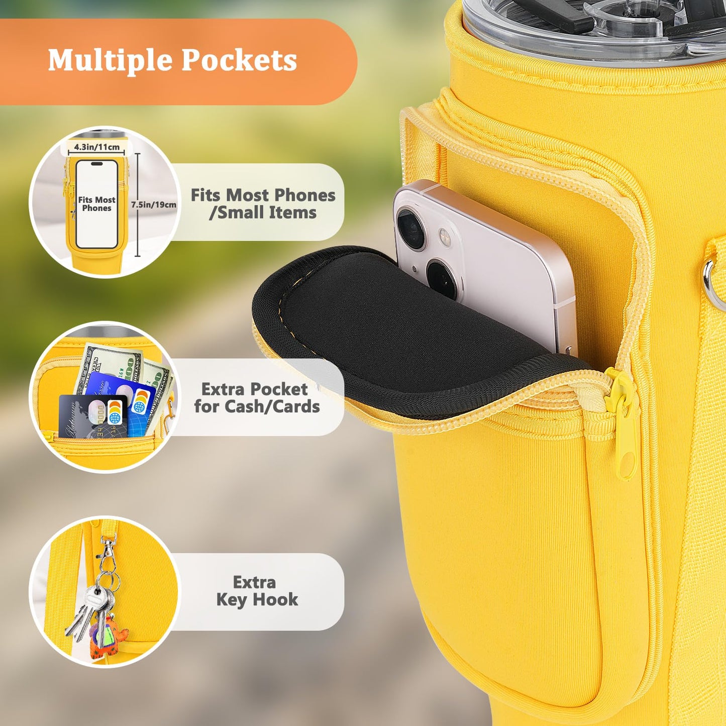 Water Bottle Carrier Bag with Phone Pocket Compatible with Stanley/Meoky 40 oz Tumbler with Handle,Neoprene Water Bottle Holder Pouch with Adjustable Strap Compatible with Stanley Cup Accessories