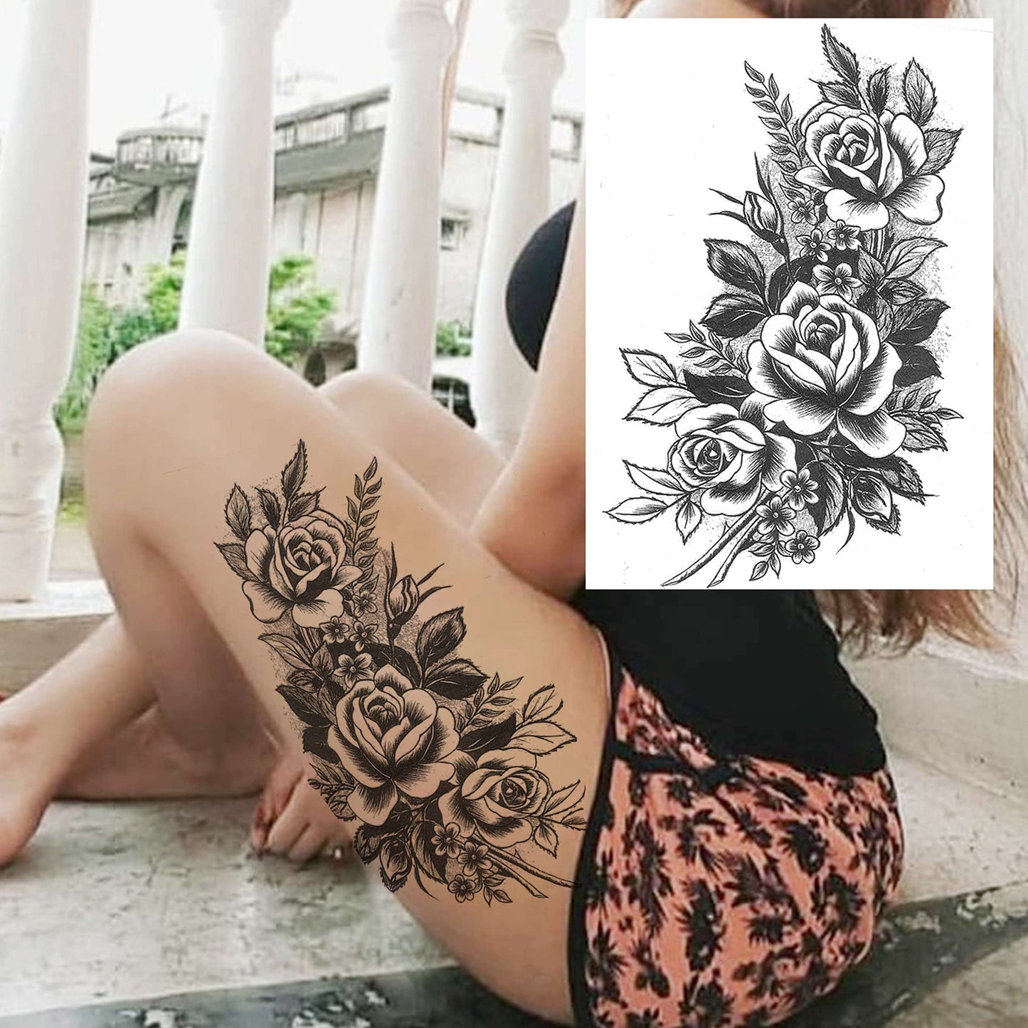 11 Sheets NEZAR Large Vine Peony Flower Rose Full Arm Temporary Tattoos For Women Realistic Skull Skeleton Fake Temporary Tattoo Sleeves Stickers Waterproof Leg Makeup Floral Blossom Tatoos Paper Eye