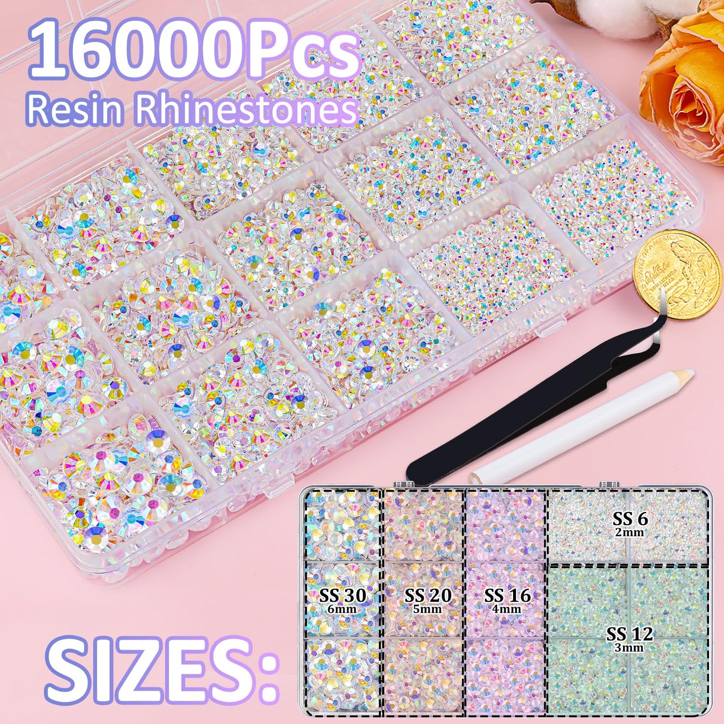 16000Pcs Resin Jelly Rhinestones with Tweezers for Crafting, Transparent AB 2-6mm Mixed Sizes Flatback Gems, Bedazzling Crystal for DIY Crafts Clothing Tumblers Mugs Shoes Fabric Nail Art