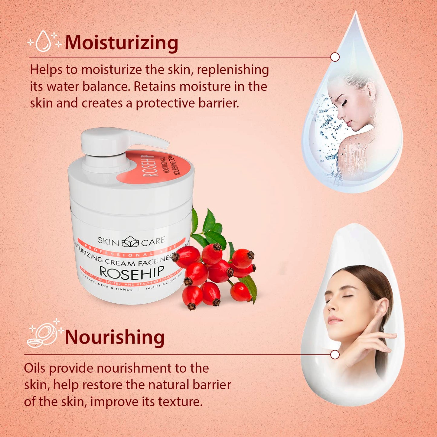 Skin Care Rosehip Oil 3-in-1 Moisturizer Face Cream, Neck and Hands - Treatment for Crepey Texture, Wrinkles and Sagging - Daily Lotion for All Skin Types - 16.9 fl. oz.