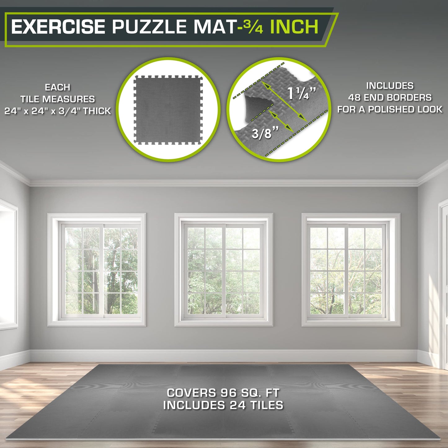 ProsourceFit Extra Thick Puzzle Exercise Mat 3/4", EVA Foam Interlocking Tiles for Protective, Cushioned Workout Flooring for Home and Gym Equipment, Grey 4-Pack, 3/4" Thick 96 Square Feet