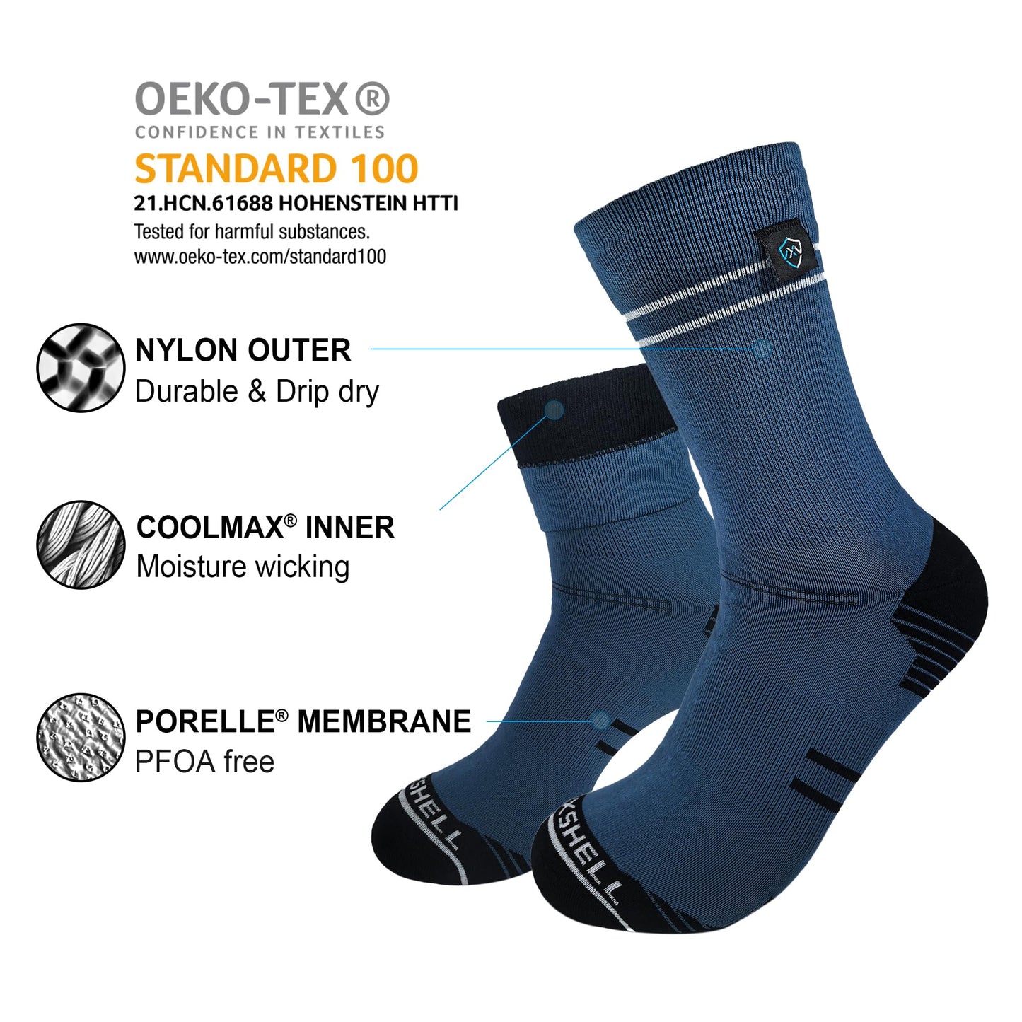 DexShell Waterproof Socks for Men and Women Winter Trail Running, Hiking, Cycling - Moisture Wicking Coolmax Inners, Ankle Mallard Blue,Unisex Large