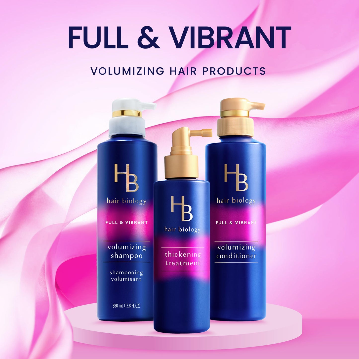Hair Biology Full & Vibrant Set Including: Volumizing Shampoo (12.8 Fl Oz), Conditioner (12.8 Fl Oz) & Thickening Treatment (6.4 Fl Oz), for Thin or Fine Hair, Biotin Infused, Paraben-Free, Color-Safe