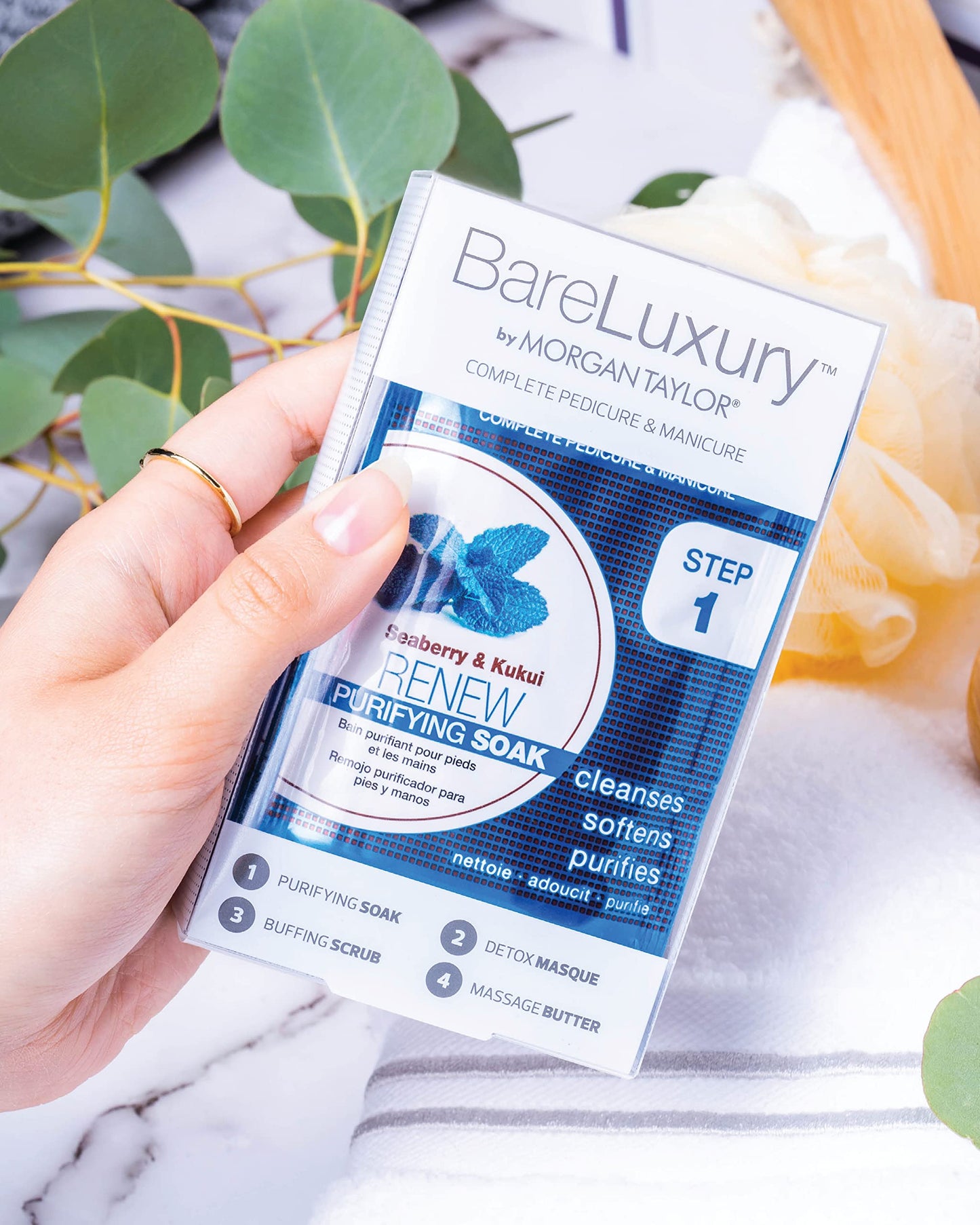 Morgan Taylor BareLuxury 4-Step Complete Pedicure & Manicure Packs (Renew Seaberry & Kukui) - Complete Nail Care Kit with Soak, Masque, Scrub & Massage Butter, Professional Spa-Quality Treatments.