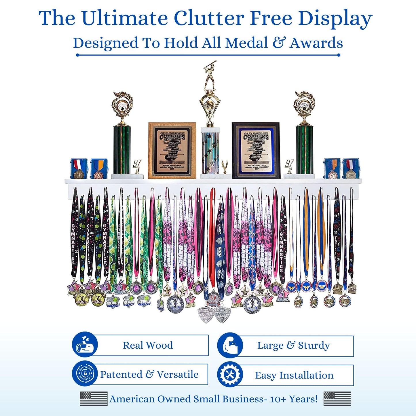 46.5"- Medal Awards Rack- The Largest Trophy Shelf and Medal Hanger Display - Multi-Sport Trophy and Medal Holder for Medal Display, Plaques, Pictures, Trophies, and More Solid Wood