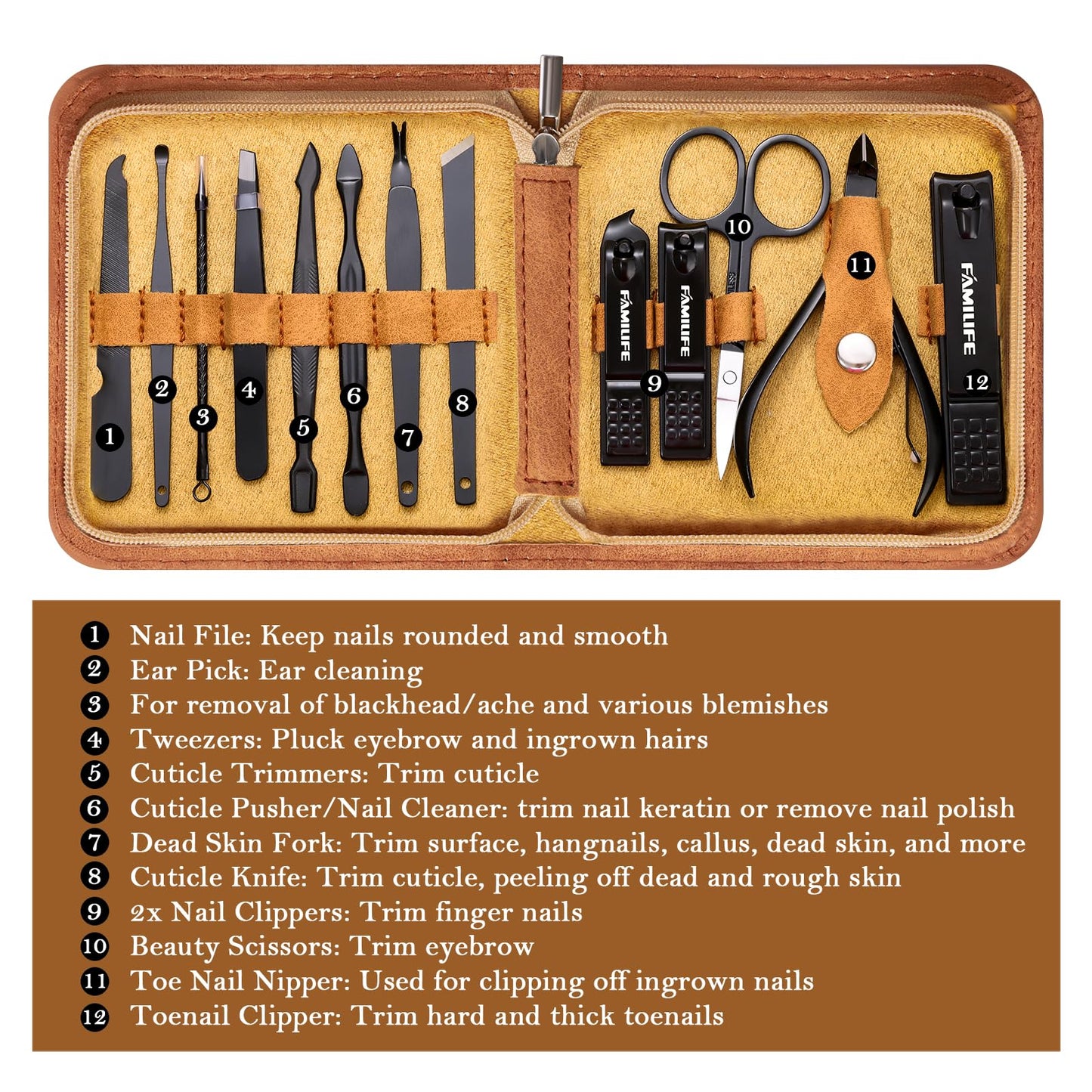 FAMILIFE Manicure Set, Professional Manicure Kit Nail Clipper Set Stainless Steel Pedicure Tools Kit with Leather Travel Case for Women Girl Men (Brown)
