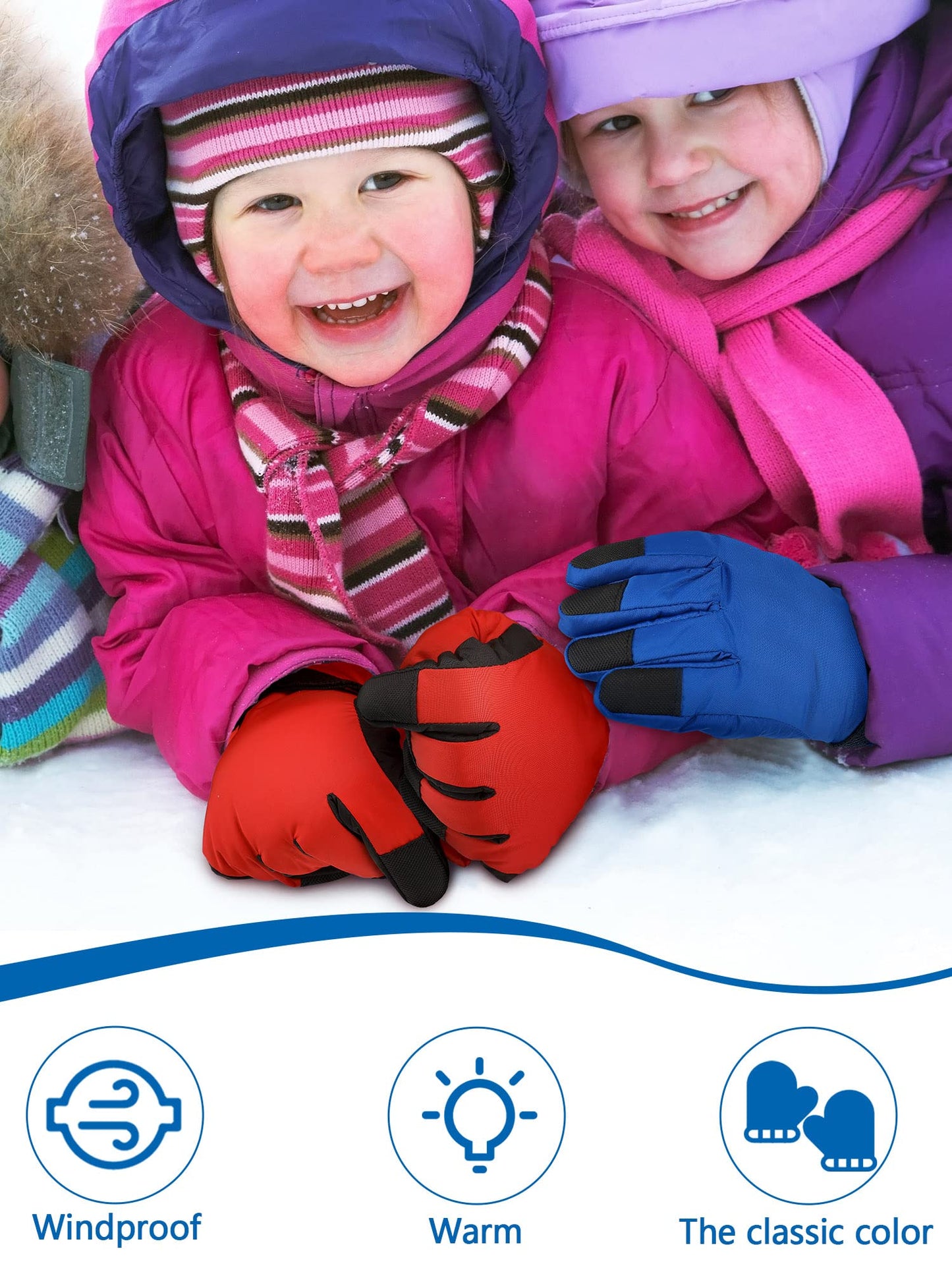 Eurzom 2 Pairs Kids Winter Gloves Waterproof Ski Gloves Windproof Warm Unisex Ski Gloves Warm Snow Gloves with Hook and Loop(Red, Blue, for 6-13 Years)