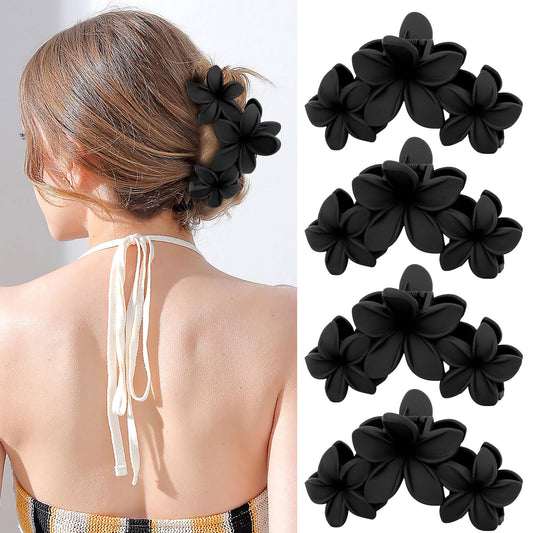 4PCS Matte Flower Hair Clips - Non-Slip Large Plumeria Clips for Thick Hair, Strong Hold for Women and Girls (Black)