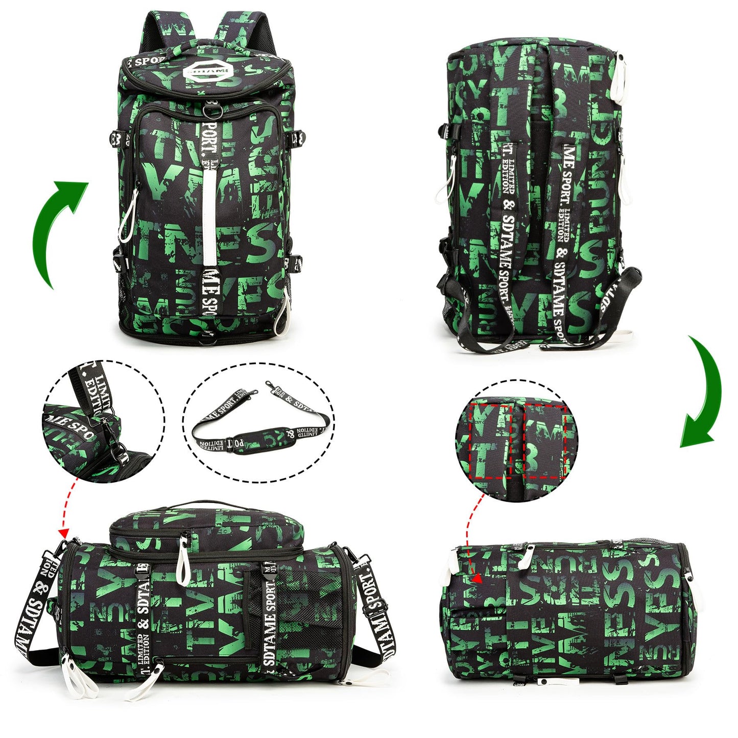 Gym Duffle Bag Backpack with Shoe Compartment,4 ways Travel Backpack for Women and Men,Multi-Functional Weekender bag with Waterproof Layer&Laptop Compartment for Fitness, Travel,Camping(Green)