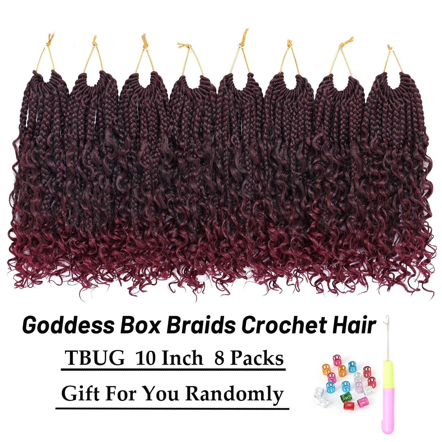 Goddess Box Braids Crochet Hair 10 Inch 8 Packs Pre-looped Bohemian Crochet Boho Box Braids With Curly Ends Red Burgundy 3X Crochet Braids Hair for Women Synthetic Braiding Hair (10 inch, TBUG)